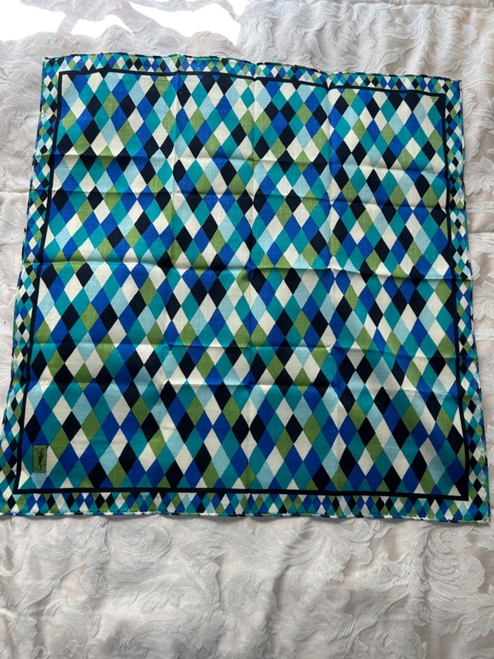 7035. Yves Saint Laurent Vintage Blue, Teal, Green & Black Diamond Scarf. COA. - Picture 4 of 6